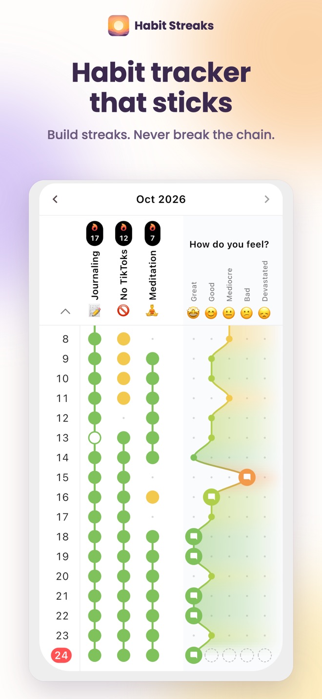 Habit calendar with streaks for journaling, no TikToks and meditation, next to the mood curve