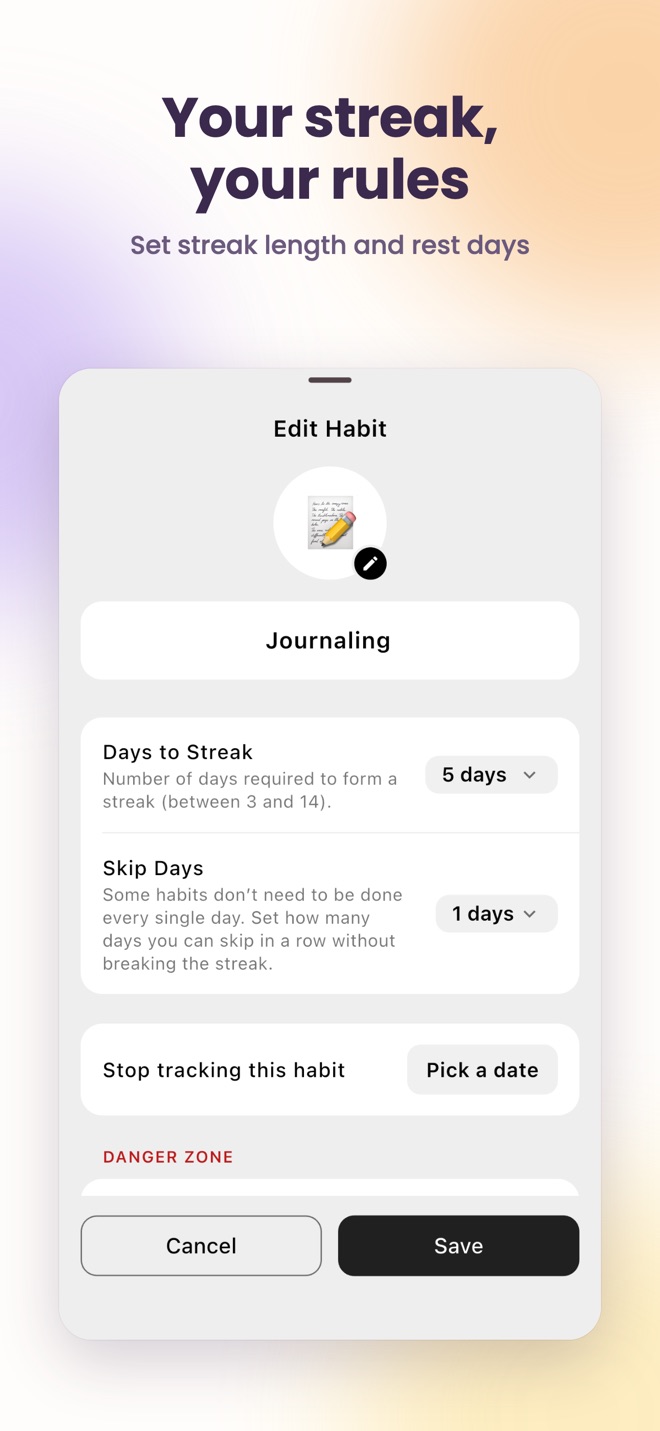 Habit settings with days to streak and skip days